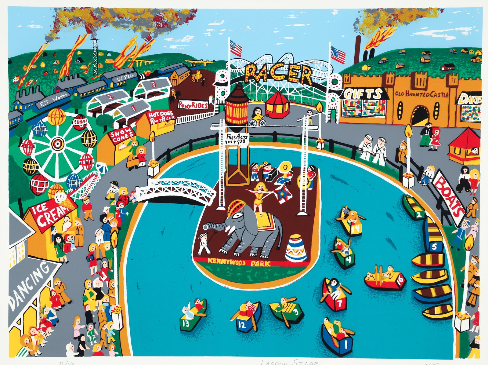 Kathleen Ferri Lagoon Stage Kennywood Signed Serigraph: Ferri, Kathleen R. (American/Pittsburgh, 1926-2023), Lagoon Stage - Kennywood, undated, serigraph, signed, titled and numbered 75/150 in pencil to the lower margin, image 16 x 21.5 inches, matted and 