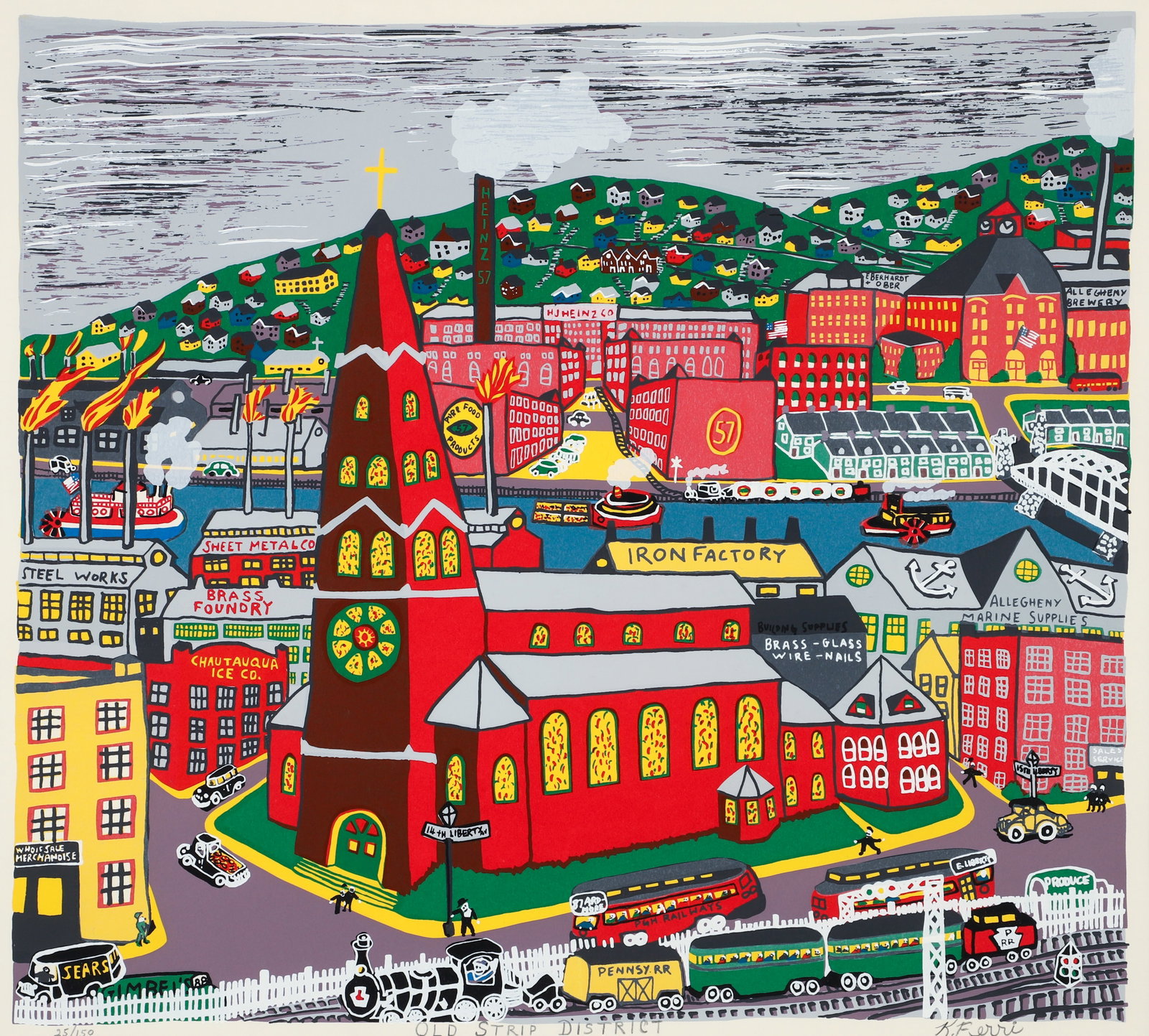 Kathleen Ferri Old Strip District Signed Serigraph: Ferri, Kathleen R. (American/Pittsburgh, 1926-2023), Old Strip District, undated, serigraph, signed, titled and numbered 25/150 in pencil to the lower margin, image 18 x 19.75 inches, matted and frame