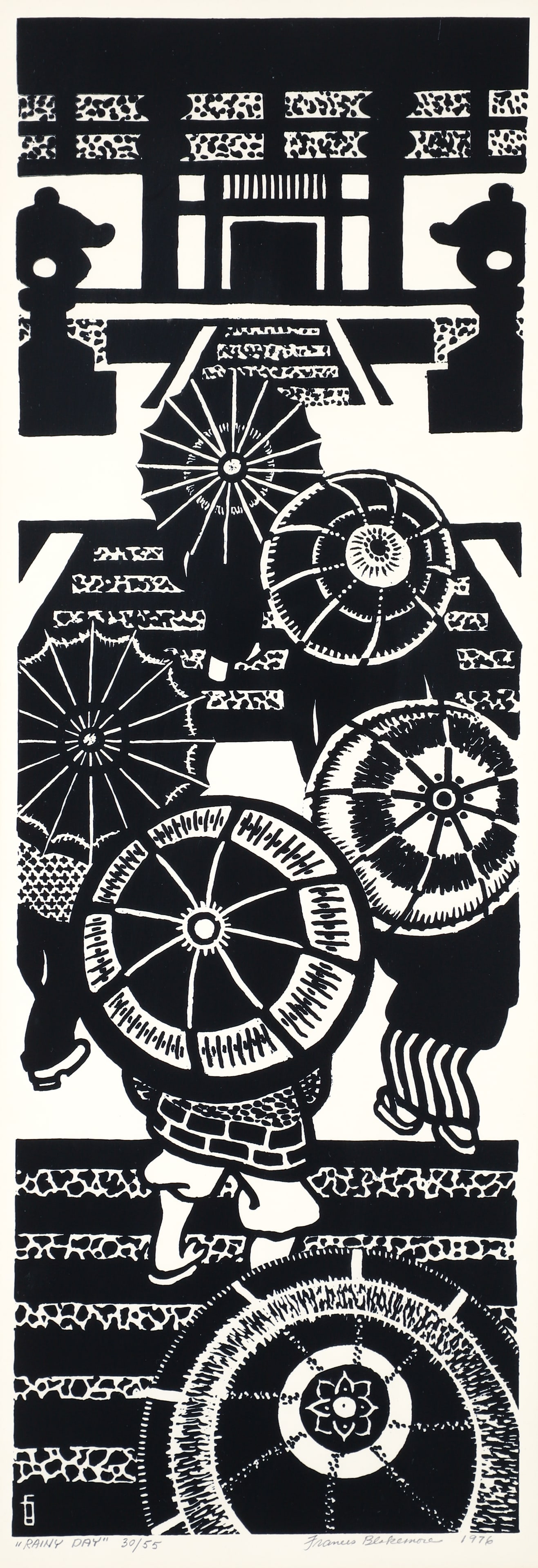 Frances Blakemore 1976 woodcut Rainy Day: Blakemore, Frances (American , lived in Japan, 1906-1997), Rainy Day, 1976, woodcut, 17.75 x 6 inches, pencil signed, dated, and numbered 30/55, framed measuring 23.5 x 11.5 inches.