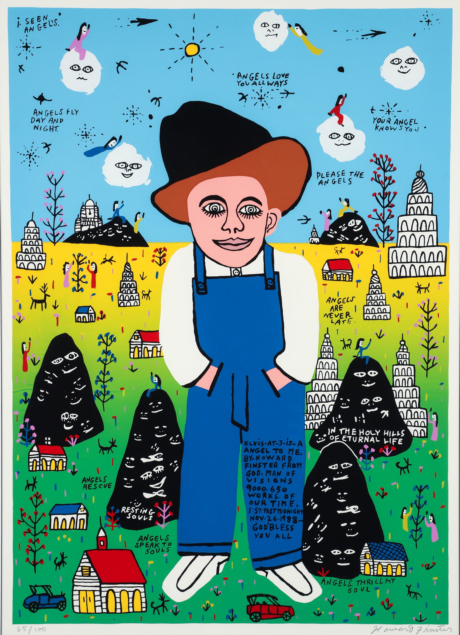 Howard Finster I Seen Angels Signed Outsider Art Screenprint: Finster, Howard (American, 1916-2001), I Seen Angels, c.1990, screenprint on paper, signed and numbered 65/100 to the lower margin, image 27.5 x 20 inches, matted and framed 37.5 x 29.5 inches.