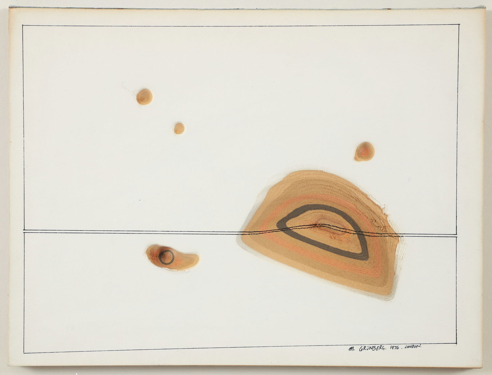 Maty Grunberg 1976 paper construction Erosion: Grunberg, Maty (Macedonian/Israeli, born 1948), Erosion, 1976, layered colored paper and ink, and mixed media, 9 x 12 x 1 inches, signed dated and inscribed London lower right, framed in a white paint