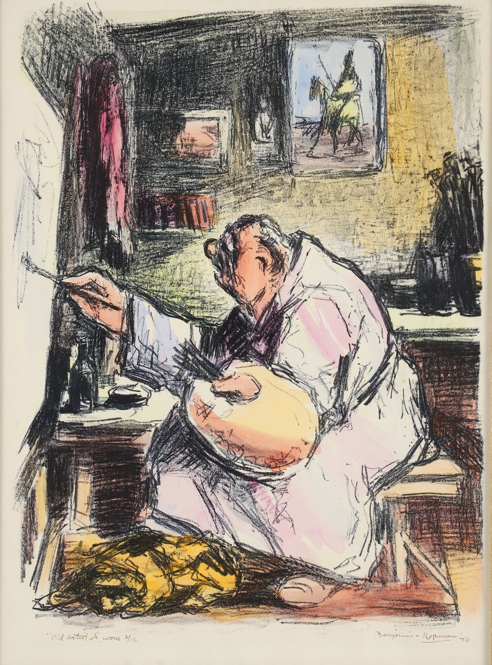 Benjamin Kopman 1946 colored lithograph Old Artist at Work (1 of 4)