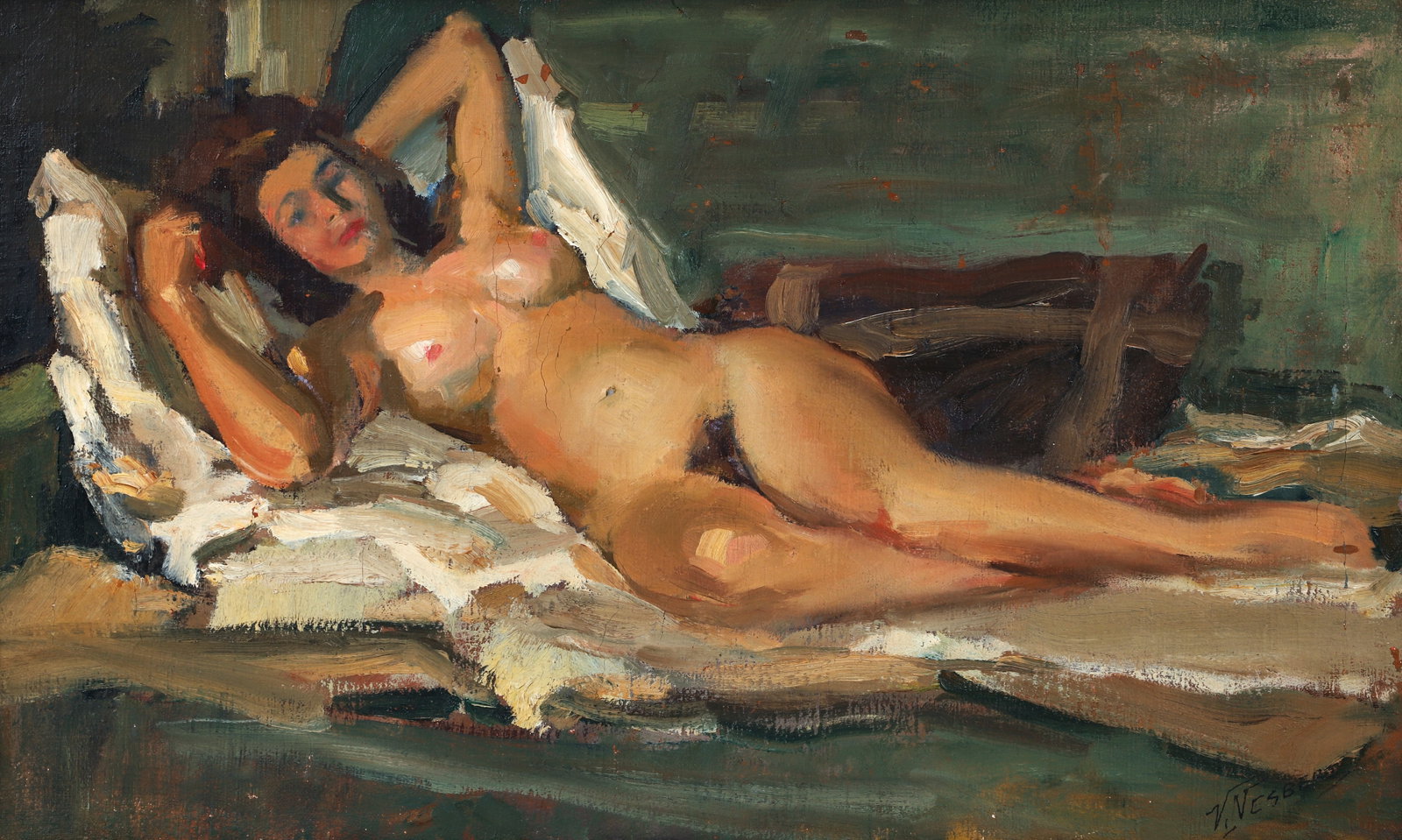 Vincent Nesbert Female Nude Oil on Canvas 1940s: Nesbert, Vincent (Polish/American, 1898-1976), Female Nude, c.1940s, oil on canvas, signed lower right, 18 x 30 inches, in the artist's original wood frame 21.5 x 33.5 inches. Provenance: acquired dir