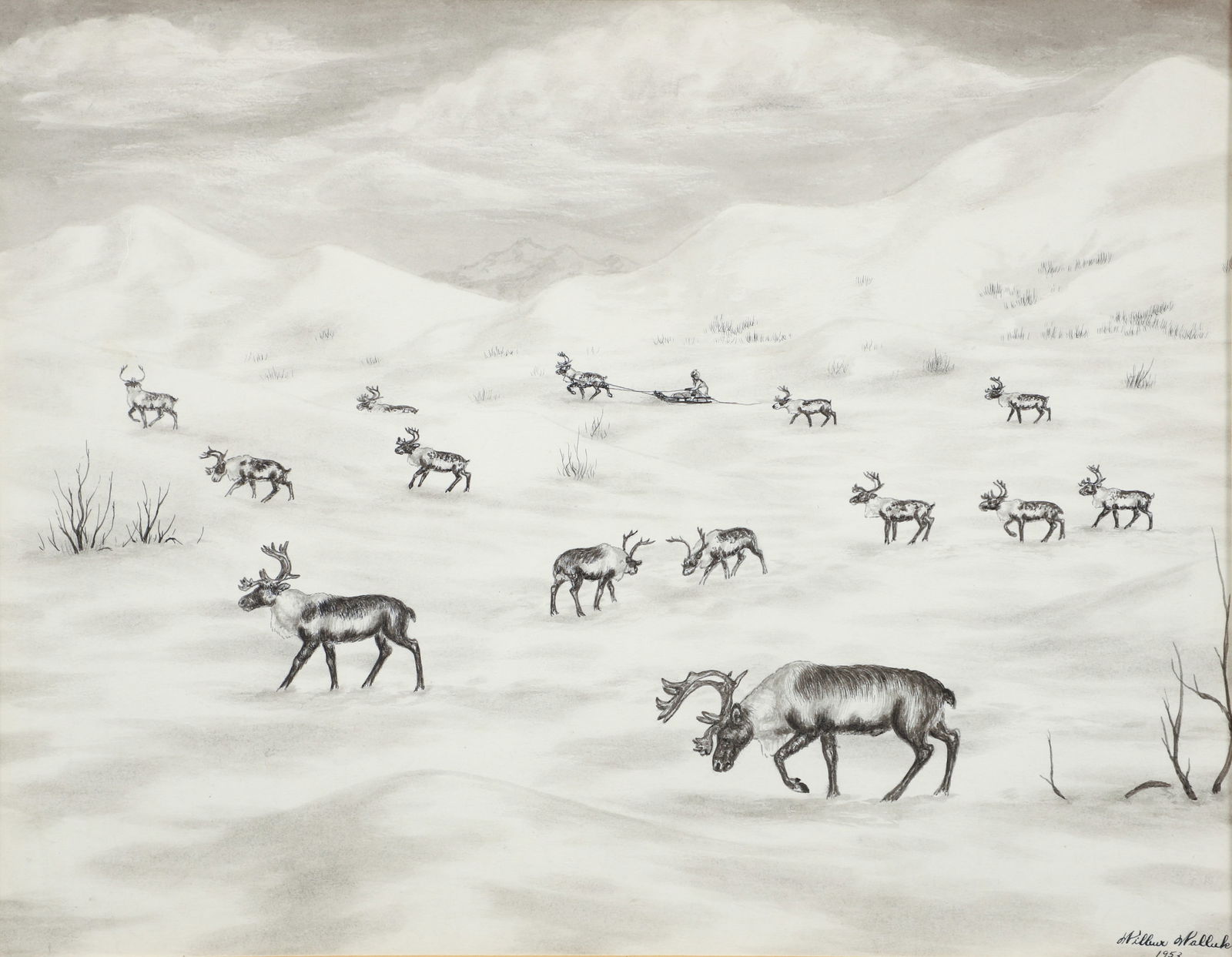 Wilbur Walluk 1953 drawing Moose Grazing with Sledder (1 of 3)