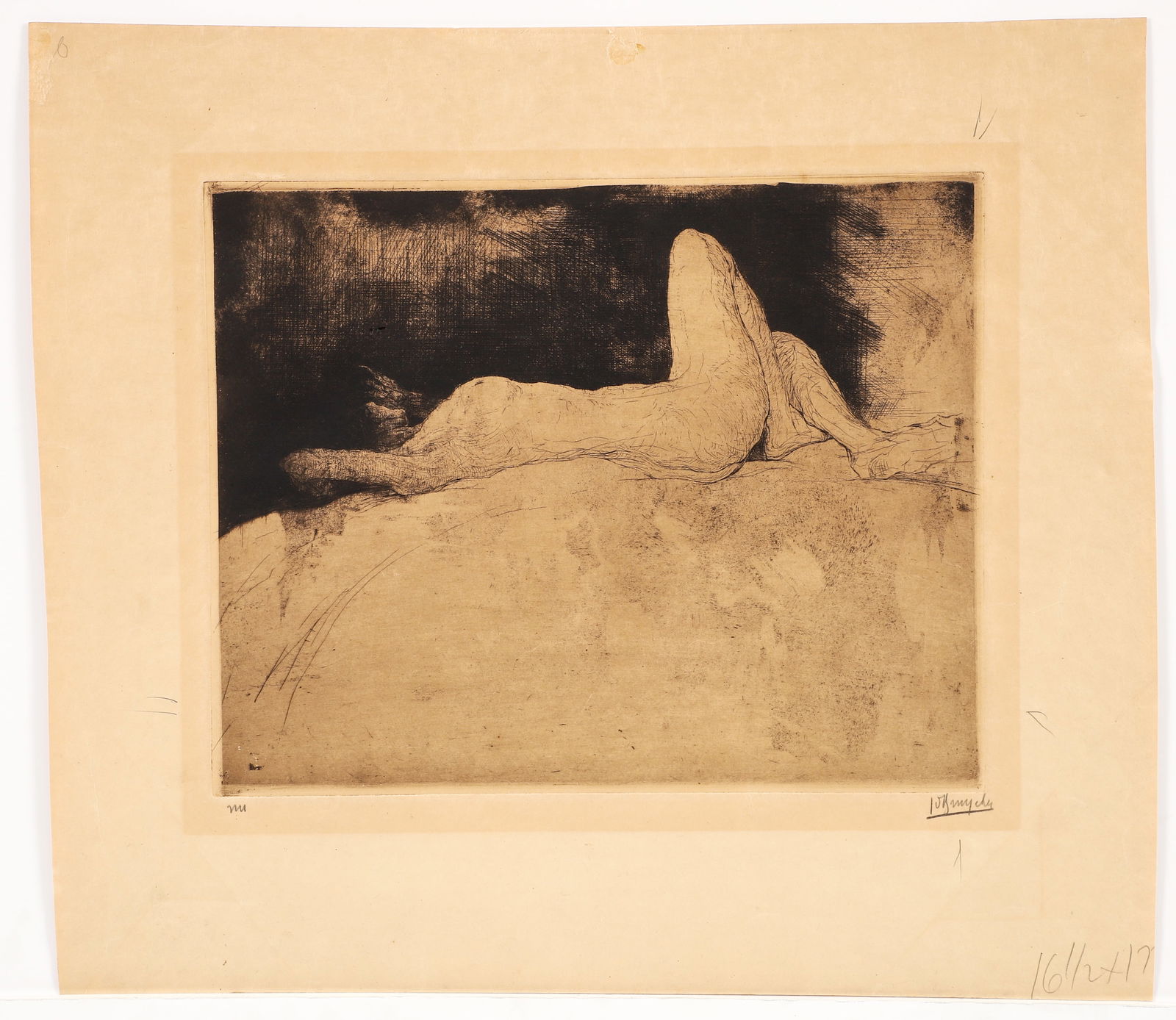 Early 20th Century Etching of a Reclining Nude: Early 20th century of a reclining nude, indistinctly unsigned and marked in pencil at lower left and right. Unframed 14.75 x 16.5 inches.