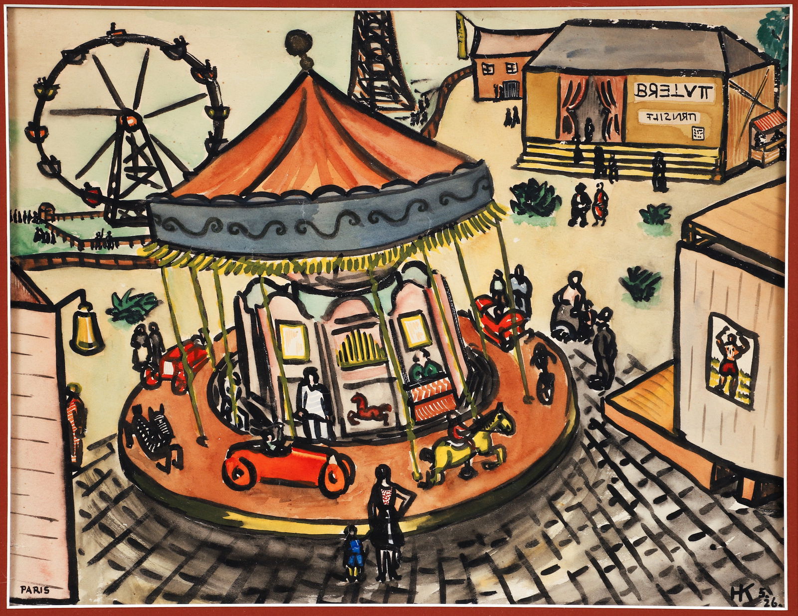 H.K. 1926 watercolor Paris Carousel Wheel (1 of 4)