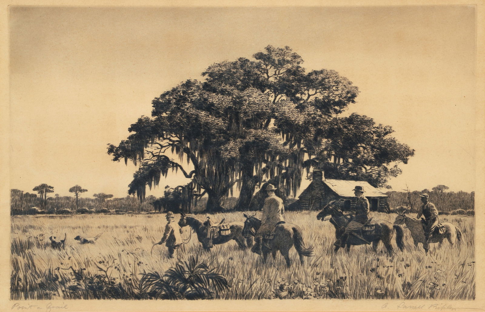 Aiden Lassell Ripley drypoint Point on Quail: Ripley, Aiden Lassell (American 1896 - 1969), Point on Quail, drypoint etching, 9 x 14 inches), pencil signed and titled along the lower margin, Provenance: The Estate of Paul G. Benedum, Jr., framed