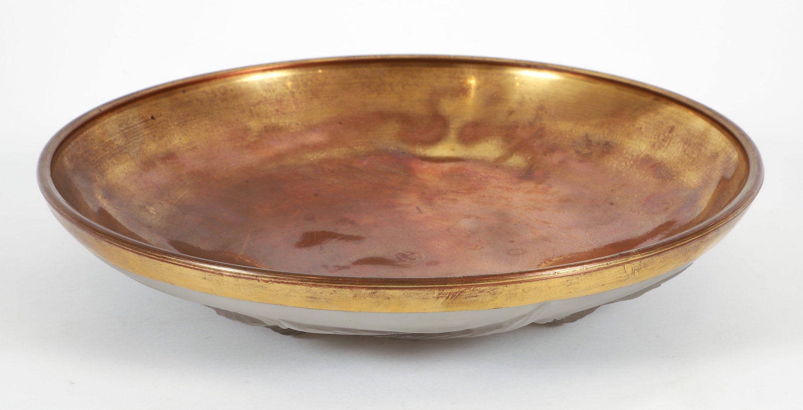 Verlys Frosted Bowl with Brass Inset Birds and Koi 1930s: Verlys frosted glass bowl with brass inset, France/America, 1930s to 1940s. Depicting birds in flight over koi fish in water. No apparent signature or maker's mark. 2.5 x 13.25 inches.
