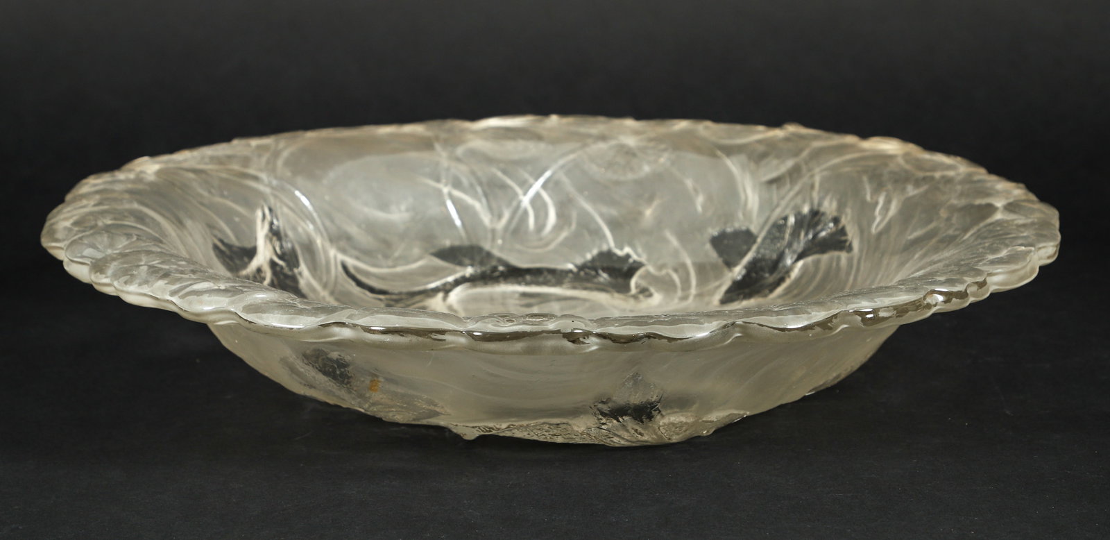 Consolidated Glass Koi Fish and Lily Pads Bowl: Consolidated Glass koi fish and lily pads vase, 20th century, American, Coraopolis, Pennsylvania. Frosted and clear glass, koi fish amongst lily pads and flowers. No apparent manufacturer's marks. 10 