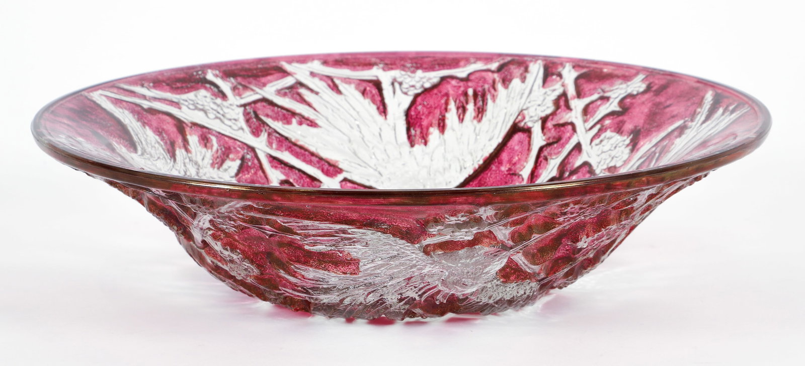 Consolidated Glass Parakeets Flowering Tree Bowl: Consolidated Parakeet vase, 20th century, American, Coraopolis, Pennsylvania. Cranberry wash over clear glass, parakeets amongst flowering branches. No apparent manufacturer's marks. 3 x 12.75 inches.