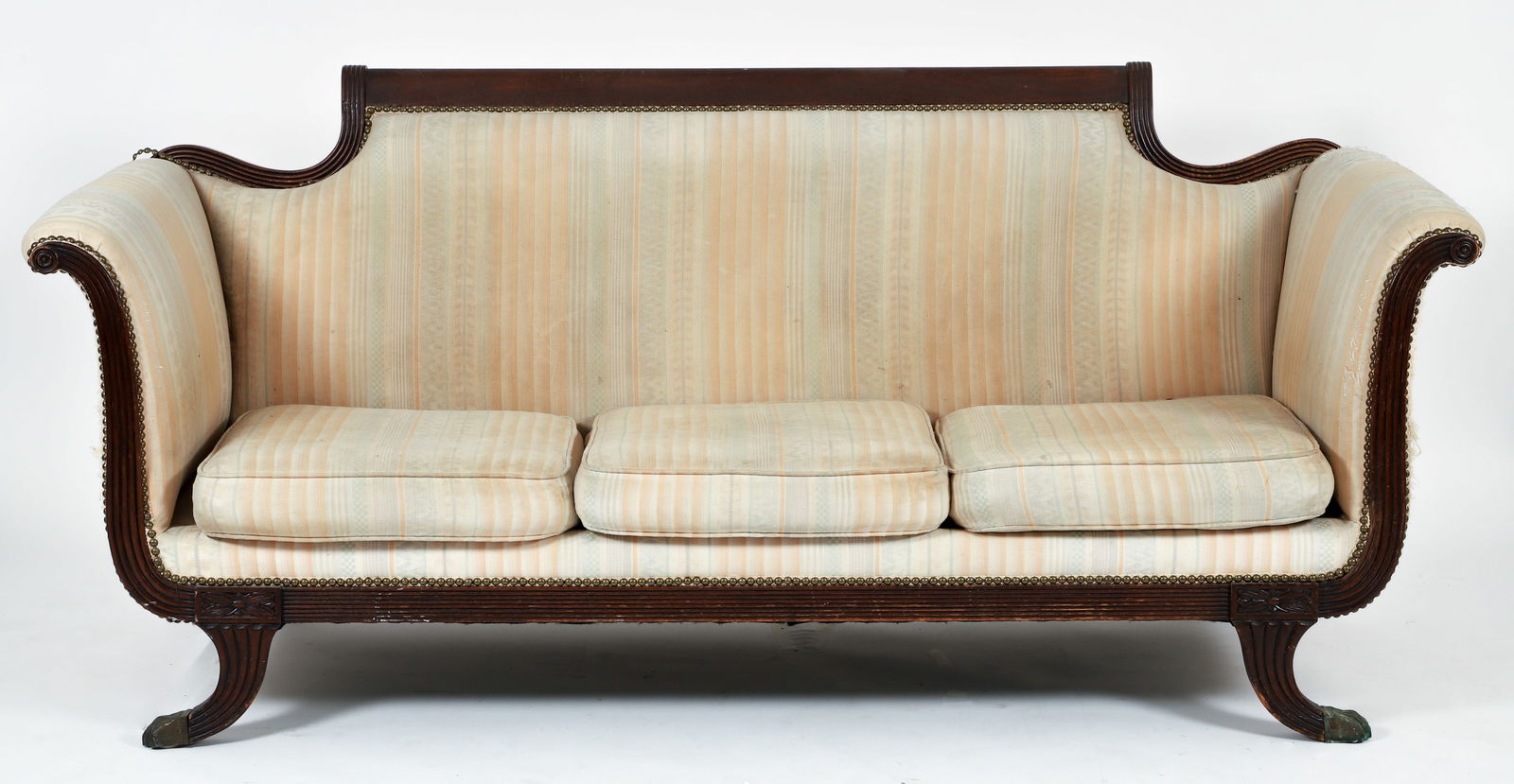 19th Century Duncan Phyfe Style Federal Sofa: 19th Century Duncan Phyfe Style Federal Sofa, American. Reeded wooden frame with floral accent elements, legs ending in brass lion's paw caps. Faux brass tack stripping lining upholstery. Three seat c