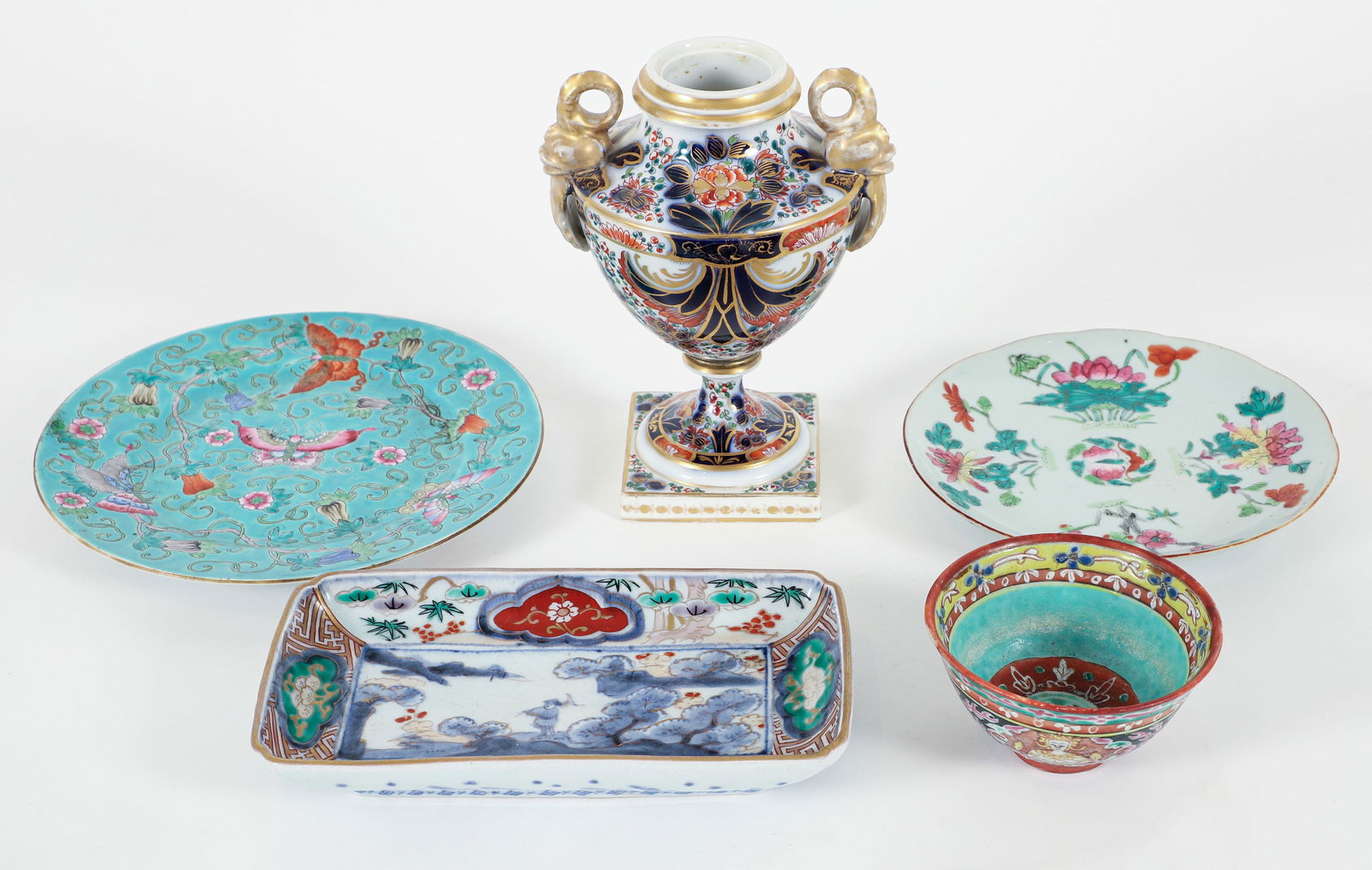 2 Chinese Famille Rose plates, tea bowl, butter dish and Sevres Style Urn (1 of 11)