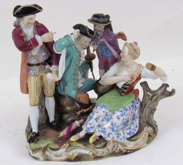 Meissen Figural Group, The Competing Suitors: Title: Two Suitors Compete for a Lovely Woman's Attention while a baby cupid whispers in ones ear Medium: glazed and gilded porcelain Dimensions: 6.75 x 7 x 5 inches Signature: with Meissen stamp on u