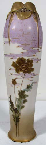 Teplitz Bohemian Amphora with gilded floral decora: Artist: Turn Teplitz Bohemia Austria Title: Art Nouveaux Poppy Amphora Date: late 19th or early 20th Century Medium: glazed and molded porcelain Dimensions: 16.4 inches tall Signature: wit