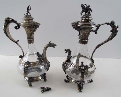 Pair of Renaissance Revival Mounted Ewers: Title: Pair of Renaissance Revival Mounted Ewers, Renaissance Revival style Medium: silver plate, glass Dimensions: 14 x 9 x 6 inches Provenance: Widener Estate, Philadelphia, PA; Purchased by the pre