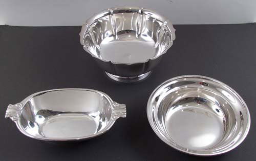 1 Gorham & 2 Other Sterling Silver Serving Dishes: Artist: Gorham Title: 3 Sterling Silver Serving Dishes includes one Gorham bowl, one oblong bread dish with MBH monogram, and one large deep bowl with MBH monogram Medium: sterling silver Dimensions:
