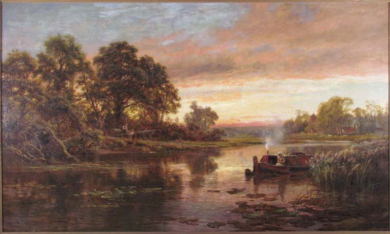 Robert Gallon oil ptg. "A Sunset on The Medway": Artist: Gallon R.B.A., Robert (British/American 1845-1925) Title: A Sunset on The Medway Medium: oil on canvas, relined Dimensions: 30 x 50 inches Signature: signed R. Gallon lower left Proven