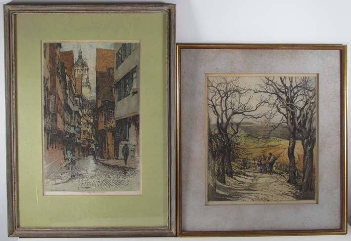 Luigi Kasimir "Das Turmgasschen" with Robert Kas: Artist: Kasimir, Luigi (Austrian 1881-1962) & Kasimir, Robert (Austrian 1914-2002) Title: Das Turmgasschen and Peasant Walking in the Countryside Medium: color aquatints Dimensions: 16 x 10.25 inches 