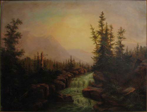 Levi Wells Prentice Landscape with Waterfall: Artist: Prentice, Levi Wells (American, 1851-1953) Title: Landscape with Waterfall Date: 1887 Medium: oil on canvas, relined Dimensions: 24 x 36 inches Signature: Signed and dated lower ri