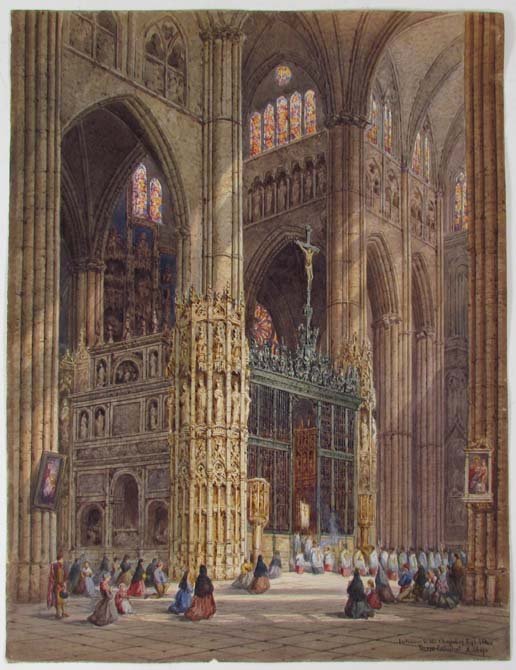Henri Schafer "Entrance to the Chapel of the High : Artist: Schafer, Henri Thomas (British 1854-1915) Title: Entrance to the Chapel of the High Altar, Toledo Cathedral Medium: watercolor Dimensions: 18.375 x 14.125 inches Signature: signed and titled