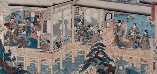 Kuniteru Japanese triptych print: Artist: Kuniteru, Utagawa (Japanese, 1830 - 1874) ? Title: Prince Genji and attendants admiring the cherry blossoms by moonlight Date: circa 1850 Medium: Japanese woodblock print Dimensions: 14.25 x