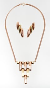 14K Gold M.C. Mossalone Retro Link Pendant Necklace and Earrings