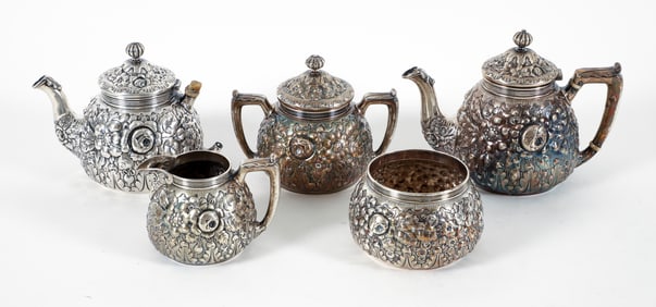 5 piece William B. Durgin Sterling Silver Repousse Tea Service