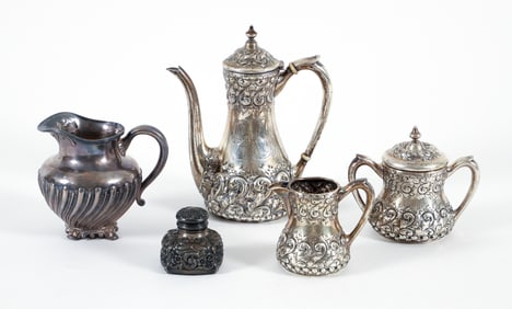 William B. Durgin Sterling Silver Coffee Set, Whiting Inkwell