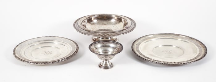 Lot of 4 American Pierced Edge Trays and Compote