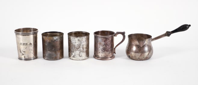5 American & Mexican Sterling Silver Cups, Brandy Warmer