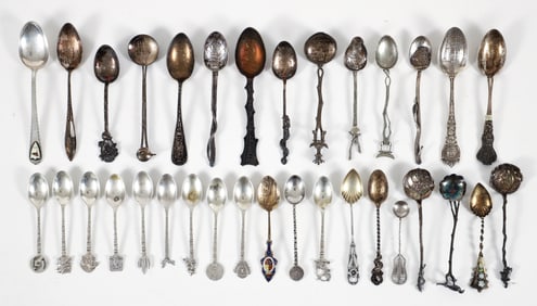 Lot of 33 Sterling Silver and Plate Souvenir Spoons