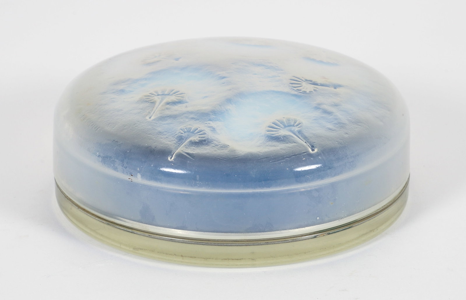 R. Lalique Opalescent Glass Houppes Powder Box: Rene Lalique Opalescent Glass Houppes Powder Box, circa 1921, incised R. LALIQUE, France on underside rim, 5.5 inches in diameter, Dandelion design with delicate flower heads gone to seed against opal