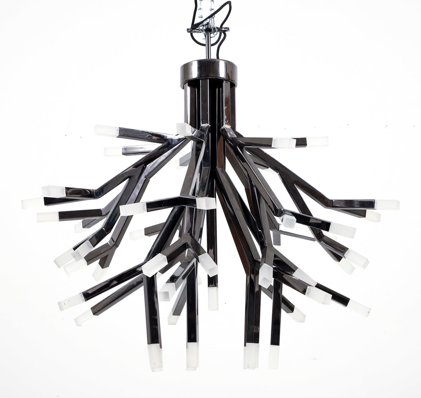 Fendi Modernist LED Chandelier: Fendi Casa, Modernist Chandelier, LED lights, dark pewter chromed finish, 27 inches tall, approximately 33.5 inches wide, hardwired, maker's mark to bottom of central rod.