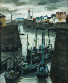 Eugene Baboulene 1969 oil Orage sur le Port D'Honfleur