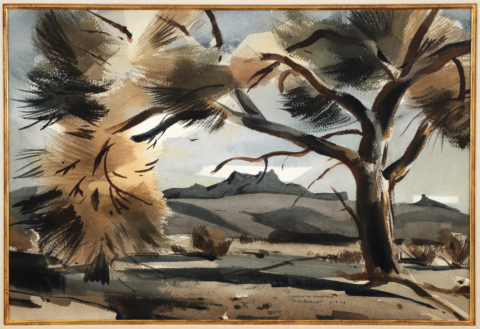 Rex Brandt Watercolor Chocolate Mountains 1963: Brandt, Rex (American/California, 1914-2000), Chocolate Mountains, 1963, watercolor on paper, California School of Watercolor. Landscape depicting the California desert east of the Salton Sea. Signed,