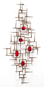 MCM welded brass and ruby glass wall relief