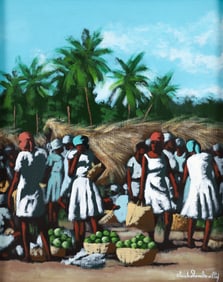 Claude Dambreville Bustling Marketplace Oil on Canvas