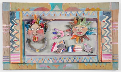 Ann Frantic painted ceramic and wood relief