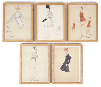 5 framed Martha (Prekop) McIntosh Fashion Drawings