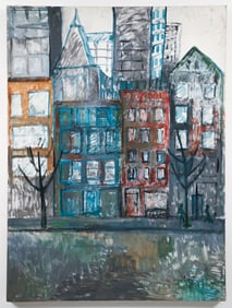 Louise Pershing Urban Scene Oil on Masonite
