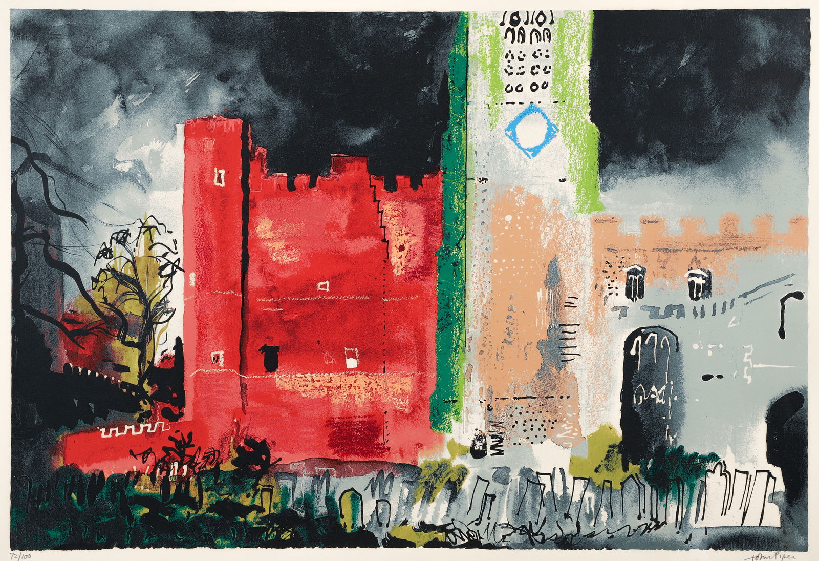 John Piper 1977 color screenprint Buckden in a Storm: Piper, John (British, 1903-1992), Buckden in a Storm, 1977 (Levinson 281), serigraph printed in colors, 22.75 x 33.25 inches, pencil signed and numbered 72/100, sheet size 27 x 37 inches, with blind s