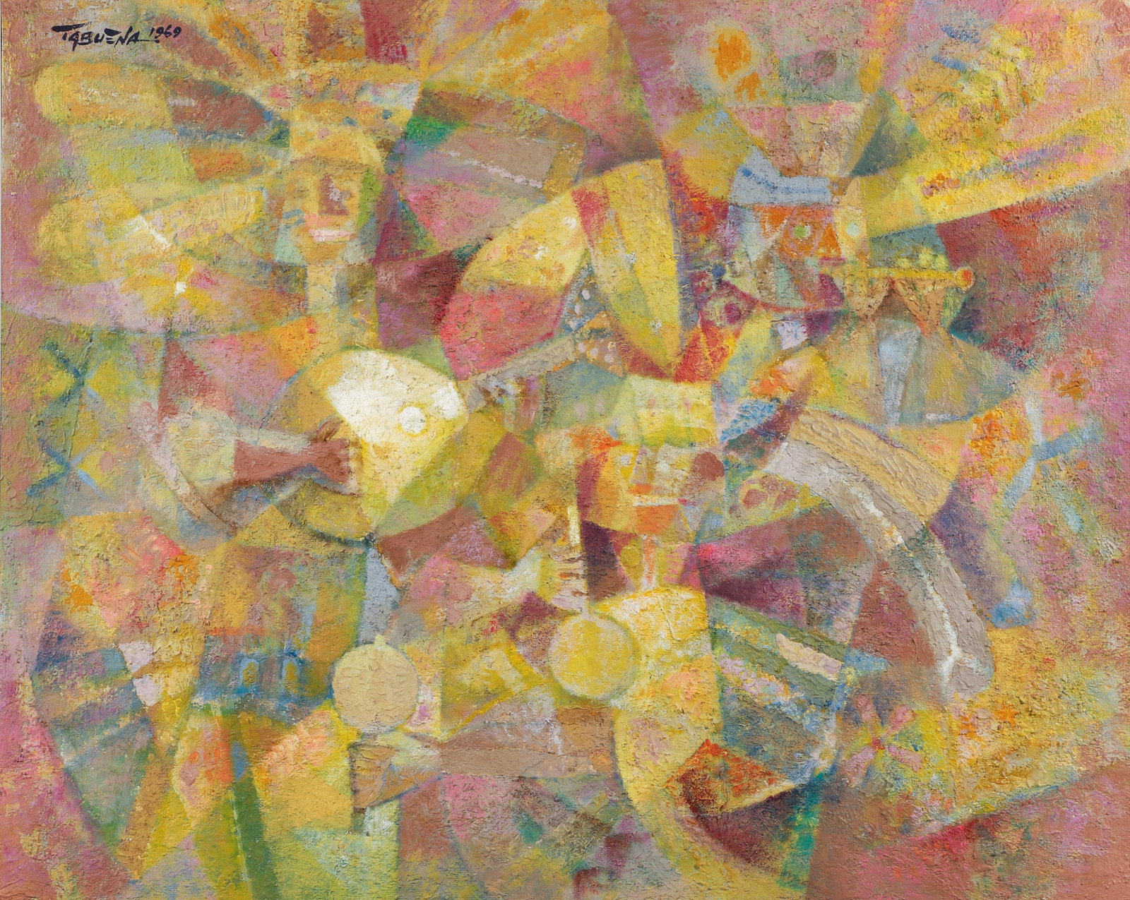 Romeo Villalva Tabuena 1969 painting Danzantes: Tabuena, Romeo Villalva (Filipino/Mexican, 1921-2015), Danzantes, 1969, acrylic and mixed media on board,31.5 x 39.5 inches, signed and dated upper left, framed measuring 33 x 40.75 inches, with the a