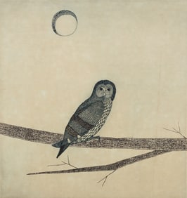 Keiko Minami Hibou Owl Signed colored engraving