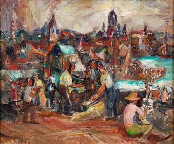 Theresa Bernstein oil Waterfront with Artist and Boats