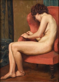 Charles H. H. Burleigh oil on board Nude in Upholstered Lounge Chair