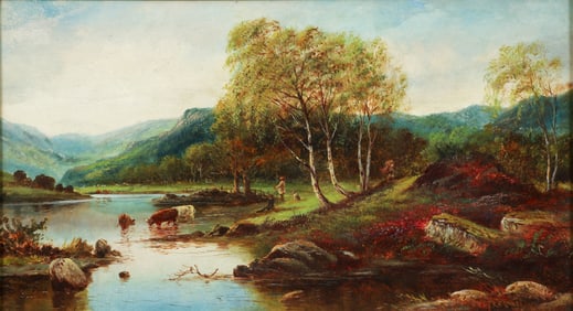 W.J. Crampton Landscape with Stream, Cattle and Figures