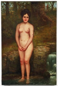 Antique Self Taught Naive oil on Canvas Bathing Venus