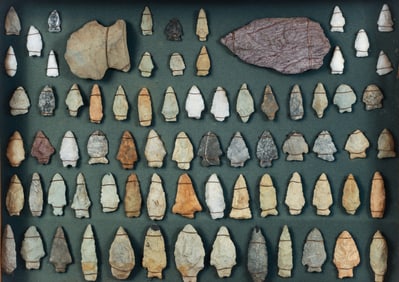 75 Antique Arrowheads in Framed Shadowbox Display