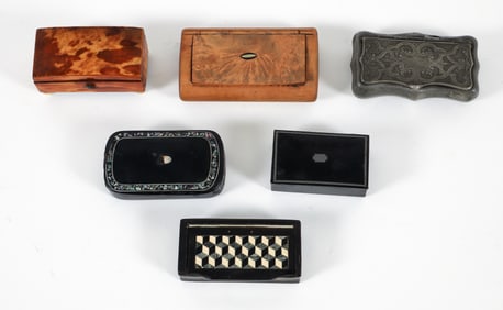 6 19th Century Snuff Boxes Horn, Tortoise, Inlay