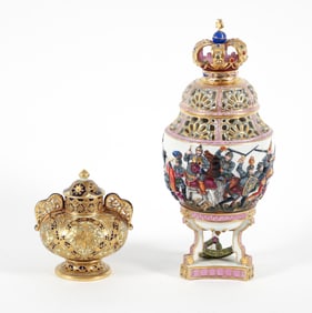 2 pc Porcelain Urns, Gilman Collamore and Capodimonte